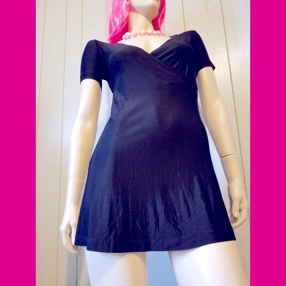 Vintage 90s Betsey Johnson Sexy Black Stretchy Lycra Babydoll Mini Dress